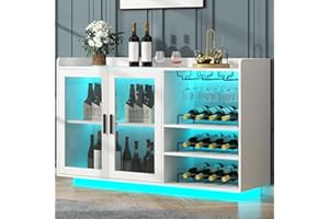 Loomie Wine Bar Cabinet with LED Lights, Floating Coffee Bar with Glass Rack and Removable Wine Racks, Modern Buffet Sideboard with Storage Shelves, Kithchen Bar with Glass Cabinet Doors, White