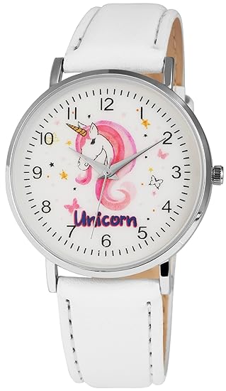 Damen Armbanduhr Weiß Silber Rosa Blau Unicorn Einhorn Analog Quarz