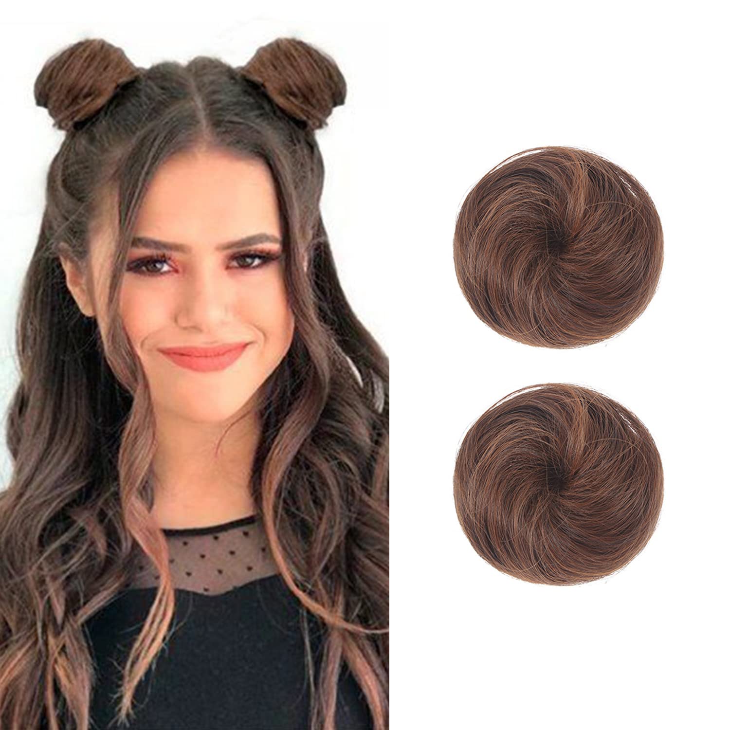 Dsoar 2PCS Mini Claw Fake Buns Straight Hair Extensions Donut Chignon Clip in Scrunchies, Light Brown, 2.0 Count
