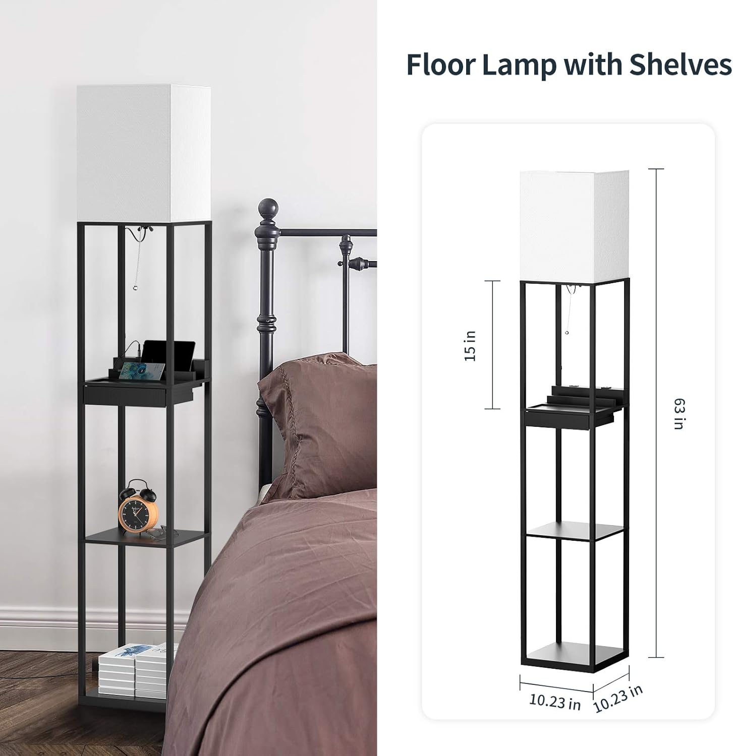 SUNMORY Floor Lamp with Shelves, Modern Dimmable Solid Wood Standing Lamp Both with 1 Drawer and 2 USB Ports & 1 Power Outlet, Corner Tall Bookshelf Lamp for Living Room and Bedroom(Black) - - 