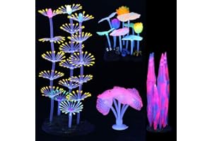 Lpraer 4 Pack Glow Aquarium Decorations Coral Anemone Lotus Leaf Seaweed Simulation Glow Plant Glowing Effect Silicone for Fish Tank Decorations