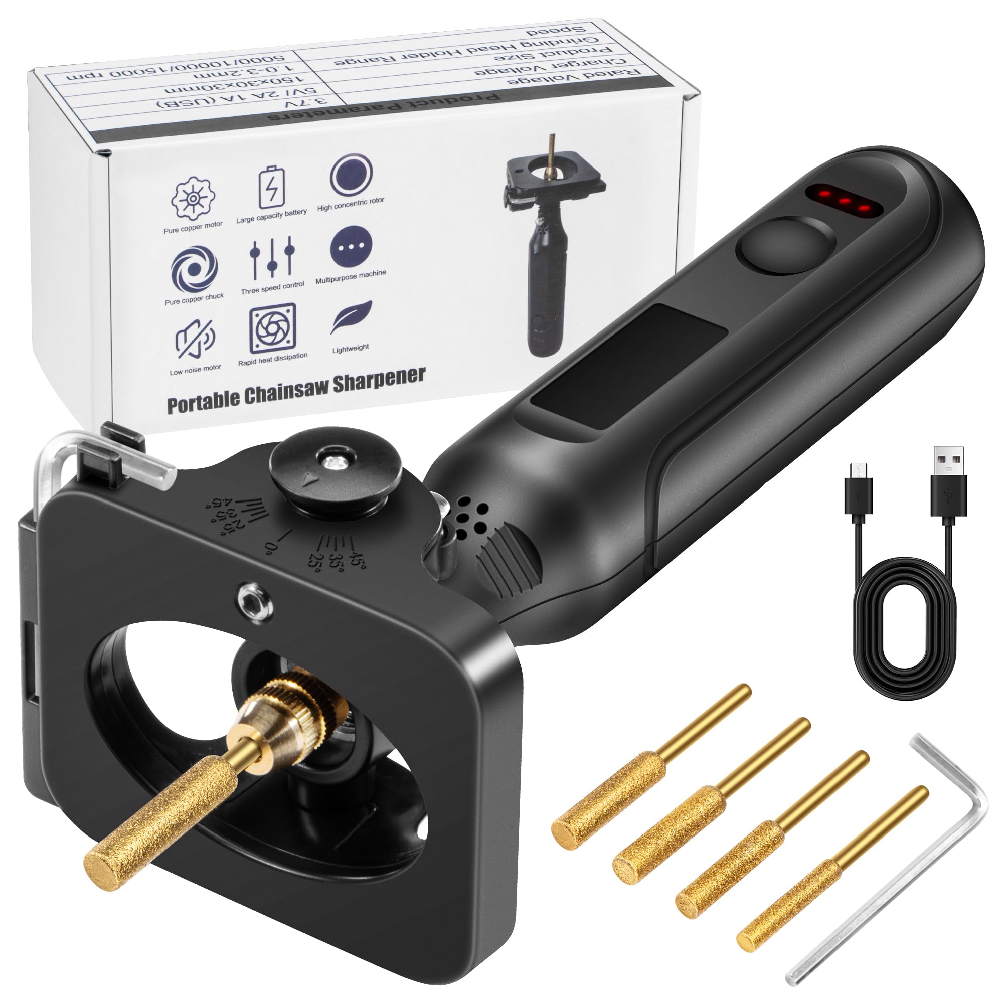 Photo 1 of NAZZO Electric Chainsaw Sharpener, Rechargeable Portable Chain Saw Sharpener Tool with 4 Size Diamond Sharpening Wheels and Angle Attachment, Keep Chain Saw Sharp