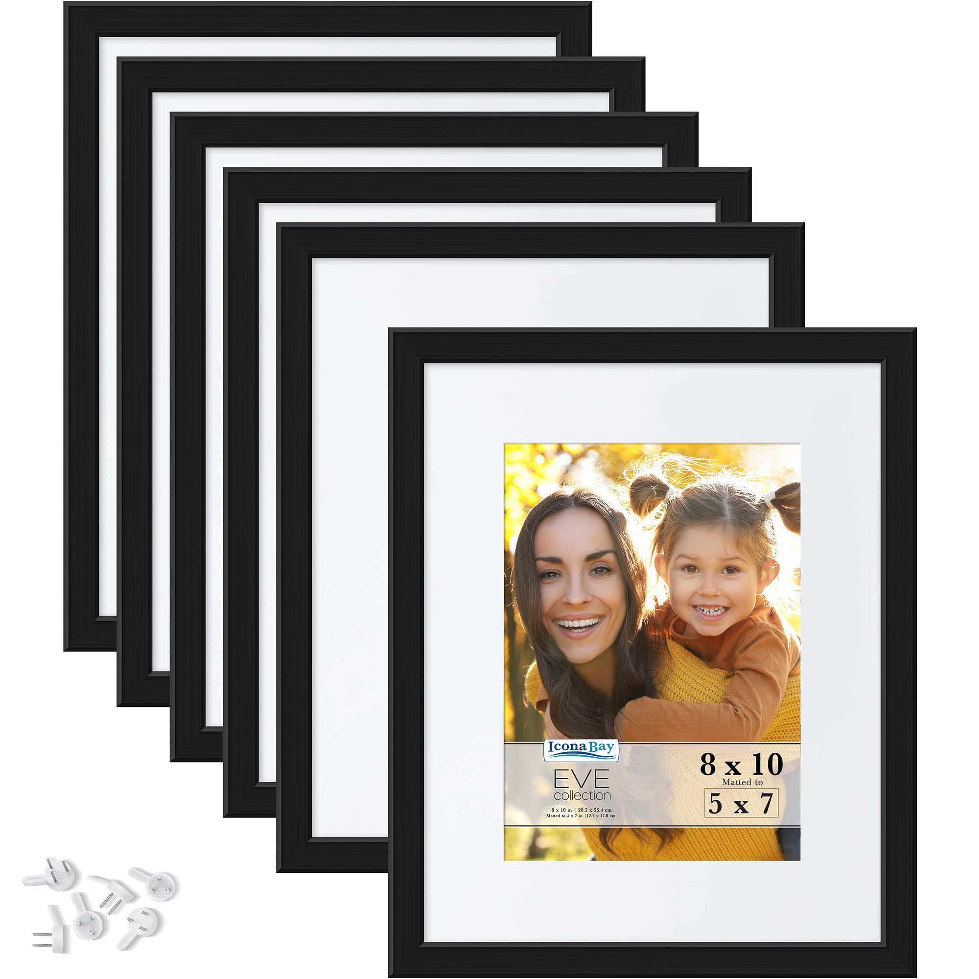 Icona Bay 10x8 Picture Frames w/Removable Mat to 7x5 (Black, 6 Pack), Modern Double-Bevelled Frame, Tabletop or Wall Mount, Eve Collection
