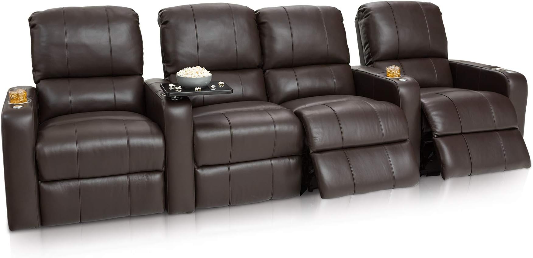 Seatcraft - Millenia - Home Theater Seating - Leather - Power Recline - USB Charging - Swivel Tray - Cupholders - (Row of 4 Loveseat, Brown)