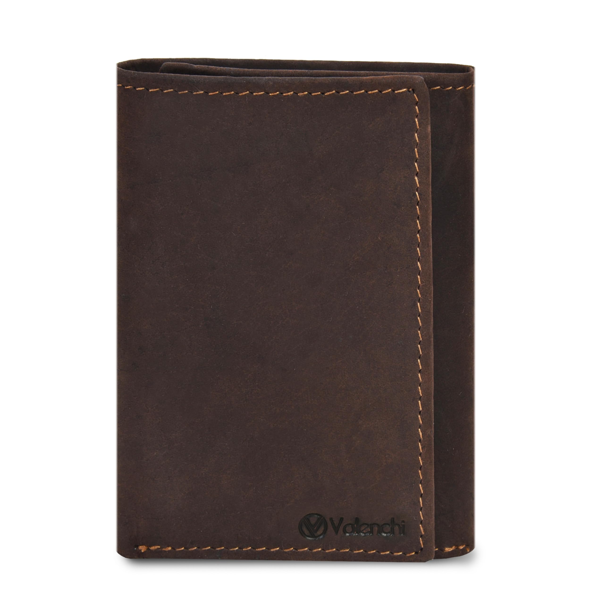 VALENCHI Genuine Real Leather Trifold Men's Wallet - With Card Holder Slots, ID Window and Currency Compartment, DK.Brown Oily Hunter TF03, 4.35" x 3.5" x 2", Real Leather Trifold Wallet