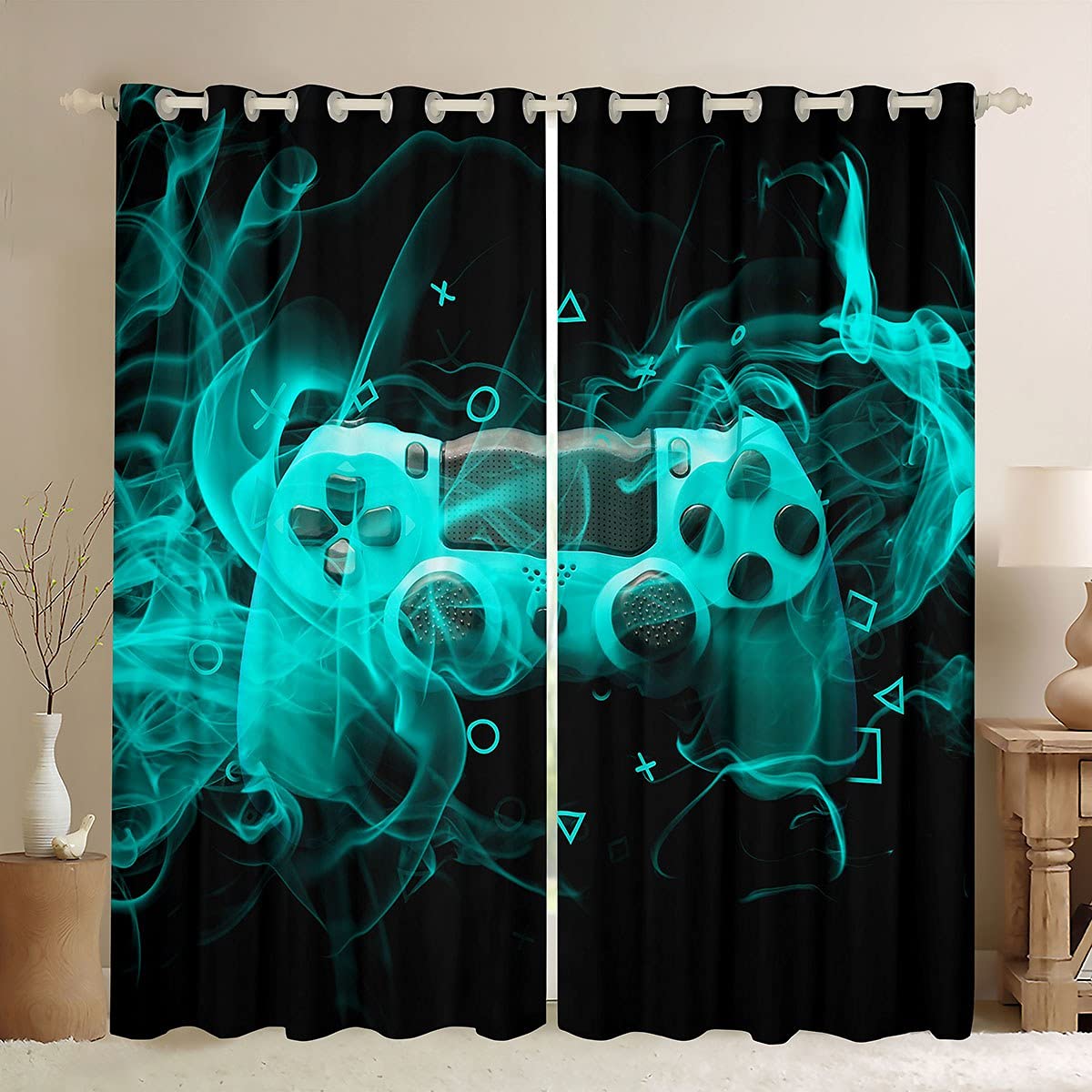 Kids Gamer Window Treatments Teens Gamepad Bedroom for Boys Girls Video Game Controller Curtain Youth Games Console Window Drapes Blue Black Room Decor W46*L54