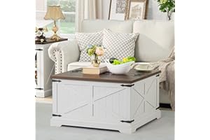 Joaxswe Farmhouse Coffee Table with Large Hidden Storage Compartment, Wood Square Center Table, White Rustic Low Modern Livin