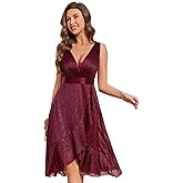 Ever-Pretty Women's V Neck Hi-Lo Sleeveless Glitter Pleated Ruffles Midi Cocktail Dress 54159