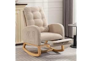 ZKZLAT Rocking Chair with Foot Rest, Nursery Glider Teddy Gliding Rocking Chair with Retractable Footrest Rubber Wood Legs Side Pocket High Back & Wide Seat Nursing Chair for Living Room (Beige)