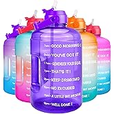 QuiFit 1 Gallon Water Bottle - with Straw & Motivational Time Marker Leak-Proof BPA Free Reusable Gym Sports Outdoor Large(128OZ/73OZ) Capacity Water Jug