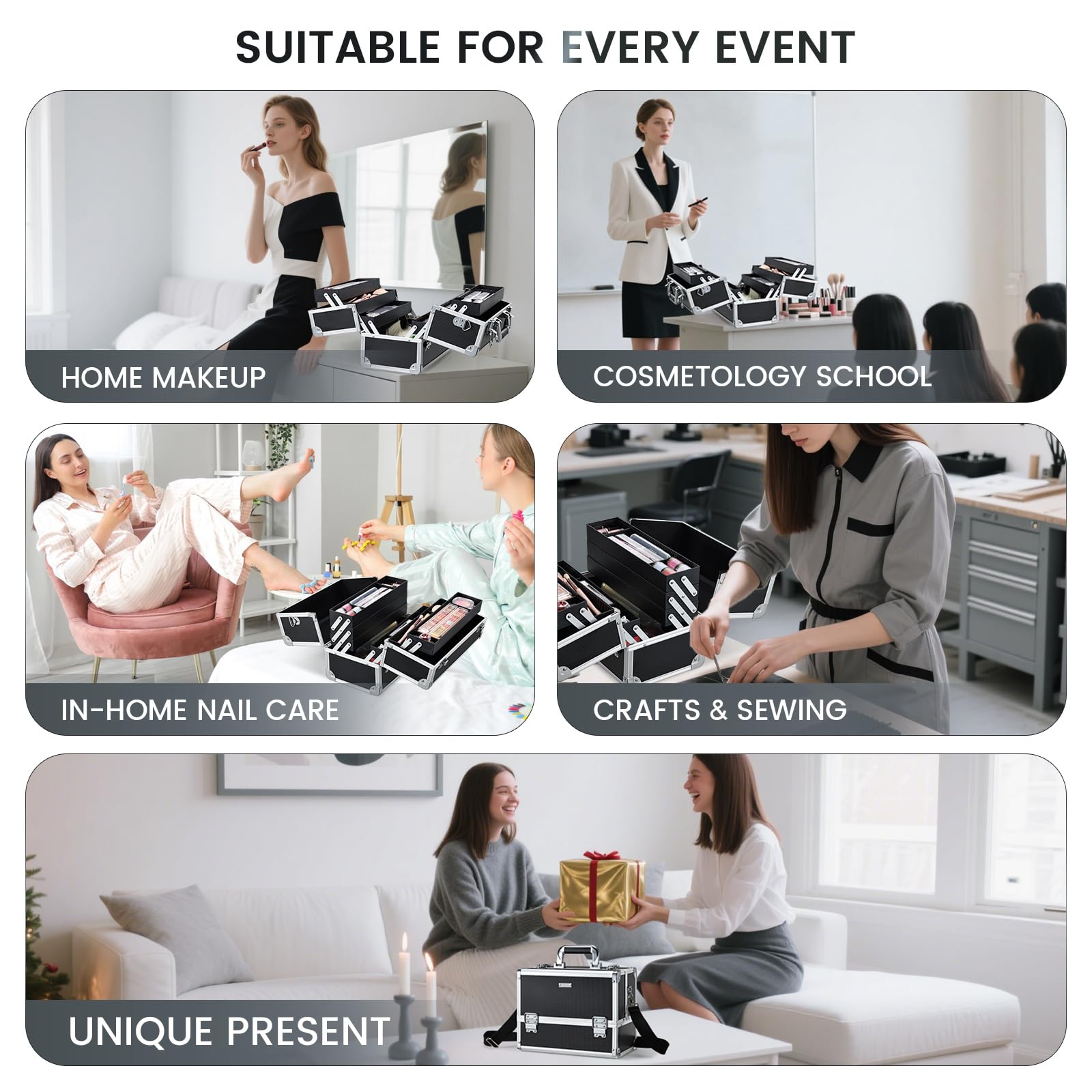 FRENESSA Makeup Train Case Makeup Case 12.6 Inch Large Cosmetic Box Organizer Travel Storage Professional Make Up Train Carrying Case with 6 Trays Locking Shoulder Strap Hard Vanity Storage Black