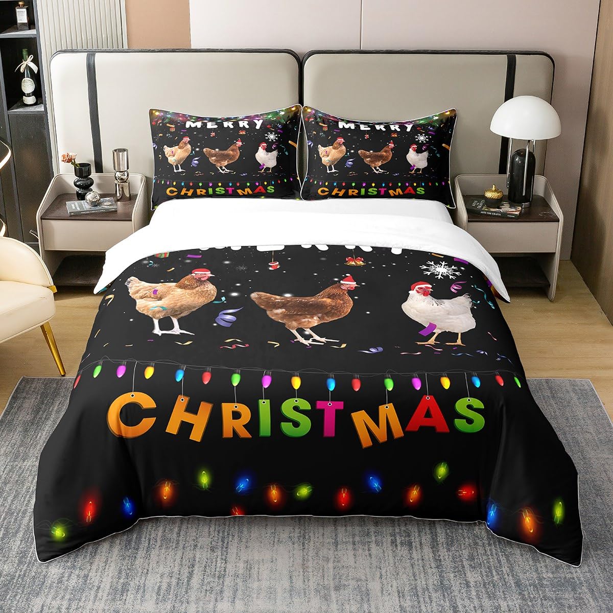 Homewish Merry Christmas Bedding Set Xmas 100% Cotton Duvet Cover Double Chicken Print Comforter Cover Rainbow Neon White Snowflake Decorations Bed Sets with 2 Pillowcases New Year Gifts