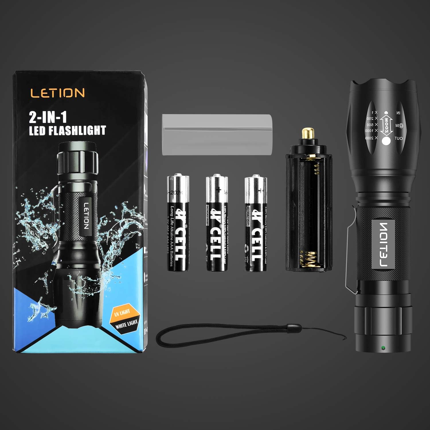 LETION UV Flashlight, LED UV Torch 2 in 1 UV Black Light with 500LM Highlight & 4 Mode & Waterproof IPX 4 for Pet Clothing Food Fungus Detection/Night Fishing/Travel - - 