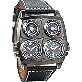 Avaner Mens Punk Watch, Unique Big Face Dual Time Zone Wristwatch, Analog Quartz Leather Strap Sport Watches with Decorative Compass and Thermometer Dial