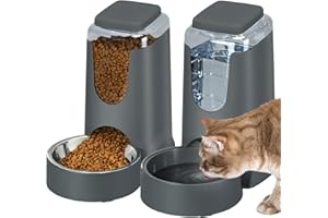 HWONMTE 2 Pack Automatic Cat Feeder and Water Dispenser with Stainless Steel Dog Bowl Gravity Self Feeding for Small Medium Pets Puppy Kitten 1 Gallon x 2 (Charcoal)