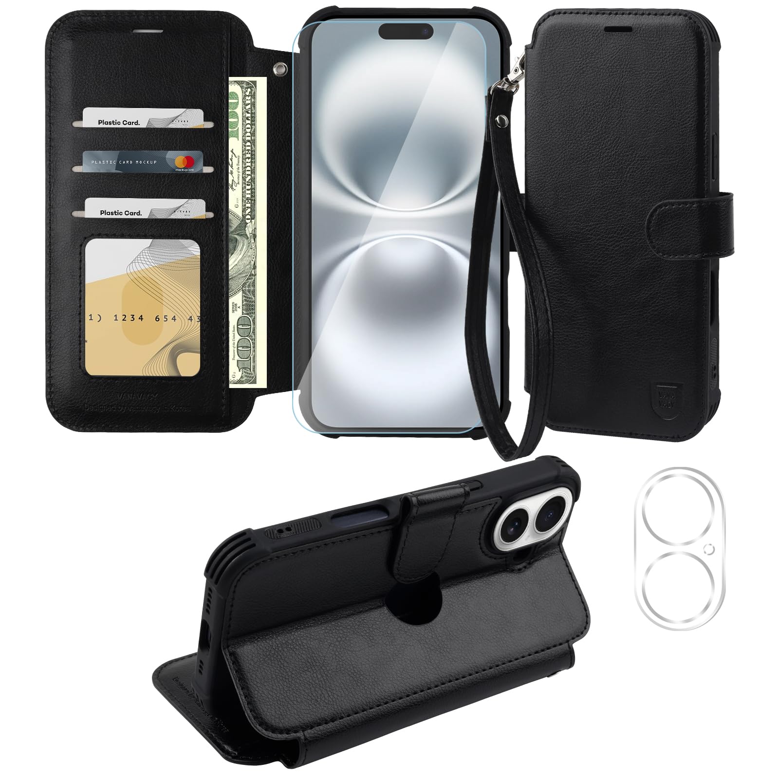 VANAVAGY Compatible for iPhone 16 Plus Wallet Case, 12ft Drop Protection, RFID Blocking PU Leather Flip Cover, Card Holder & Kickstand, Shockproof Phone Case for 16 Plus-6.7 Inch,Black