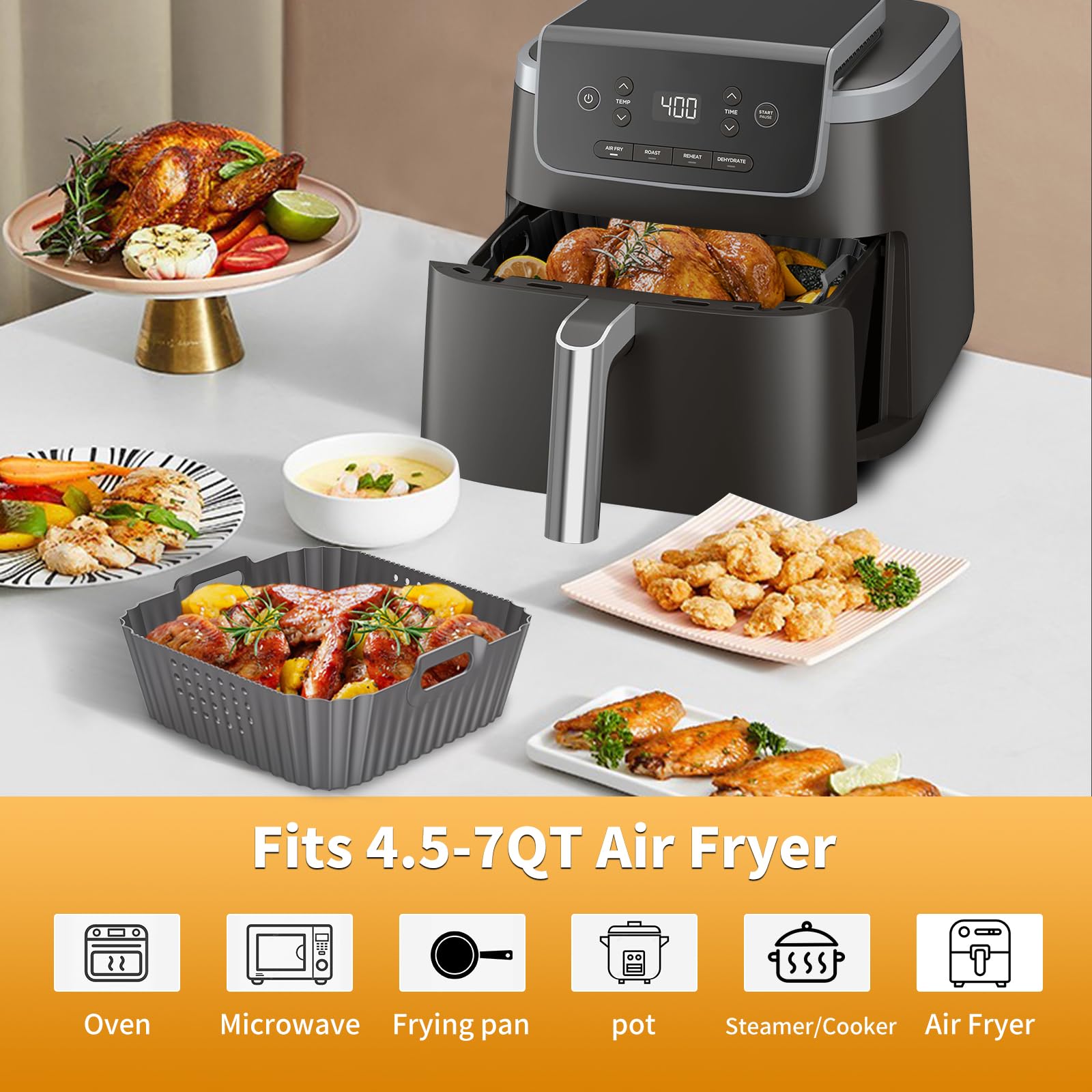 HOMELYLIFE Air Fryer Silicone Liners for Ninja AF141 AF142 5QT & AF181 6.5 QT AirFryer, Air Fryer Accessories for Cosori 5QT/6QT, 2 Pcs Reusable Square Liners for Instant 6Qt &Other 4.5-7QT AirFryer