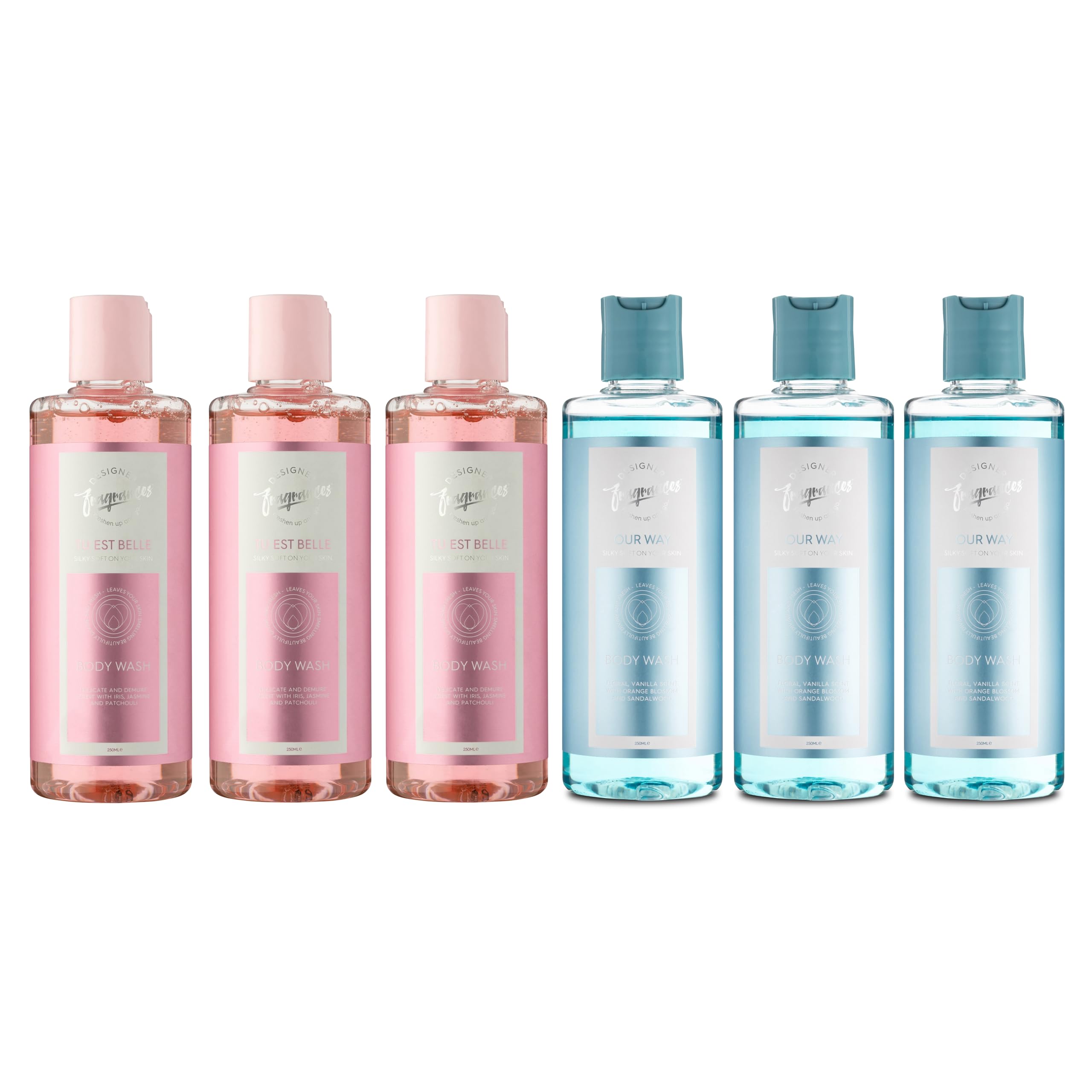 Designer Fragrances 6 Pack Tu Est Belle & Our Way Bundle - Women's Feminine Body Wash Shower Gels Bottles - For Silky Soft, Beautifully Smelling Divine & Fresh Skin, Revitalizing, Hydrating - 250ml