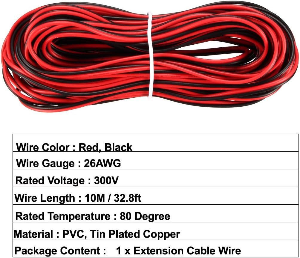 sourcing map Red Black Wire 2pin Extension Cable Cord 26 AWG Parallel Wire Tin Plated Copper 10M Length for LED Strip Light - Image 3