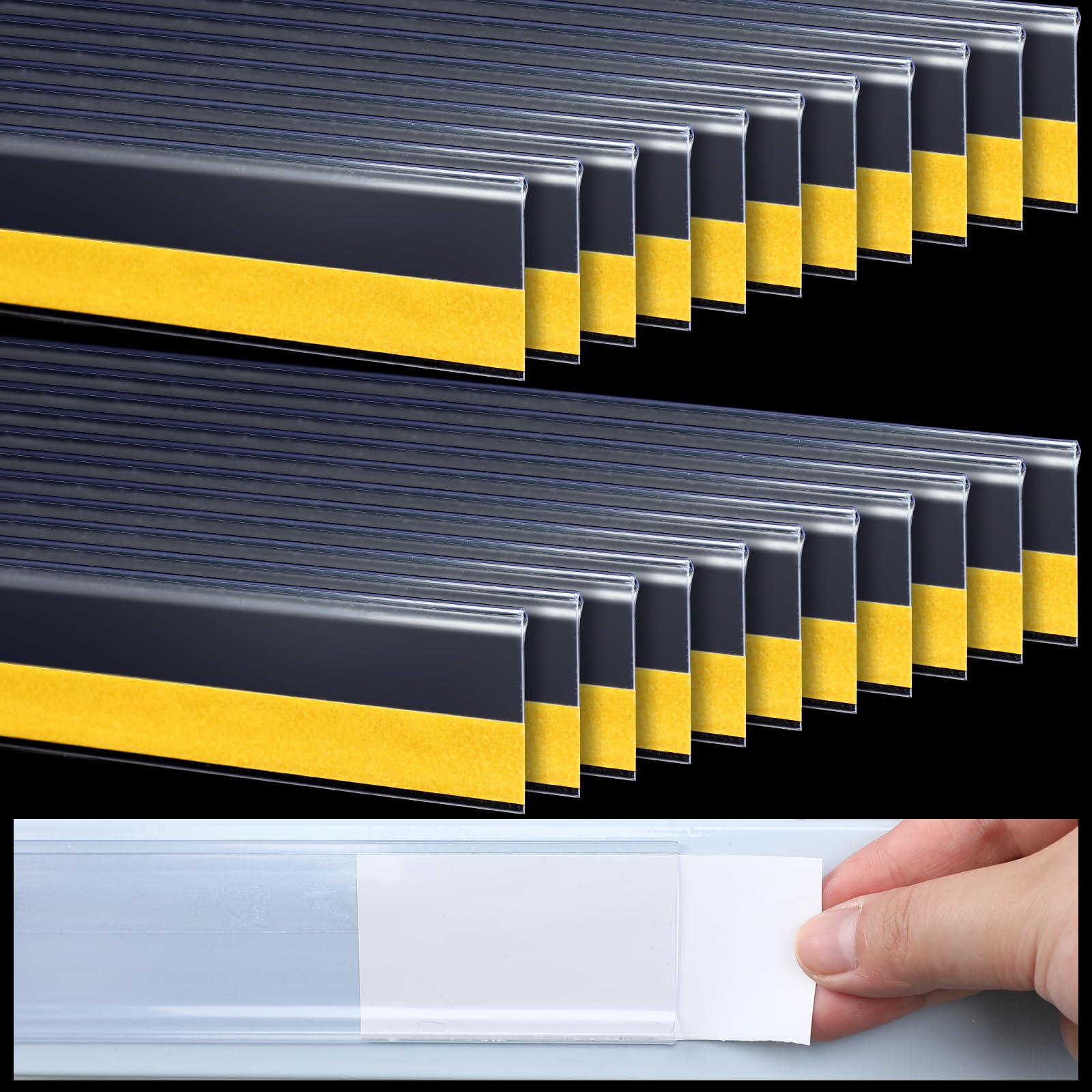 Photo 1 of Fainne 25 Pcs Shelf Label Strips Self Adhesive Shelf Label Holder Strips Price Tag Label Holders Plastic Clear for Metal Wood Plastic Gondola Shelf Stick on Shelf Strips for 48'' Long Shelf (1.5'' H)