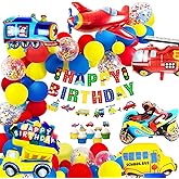 MOVINPE Transportation Birthday Balloon Decoration, Happy Birthday Banner, Cars School Bus Train Fire Truck Motorcycle Plane 