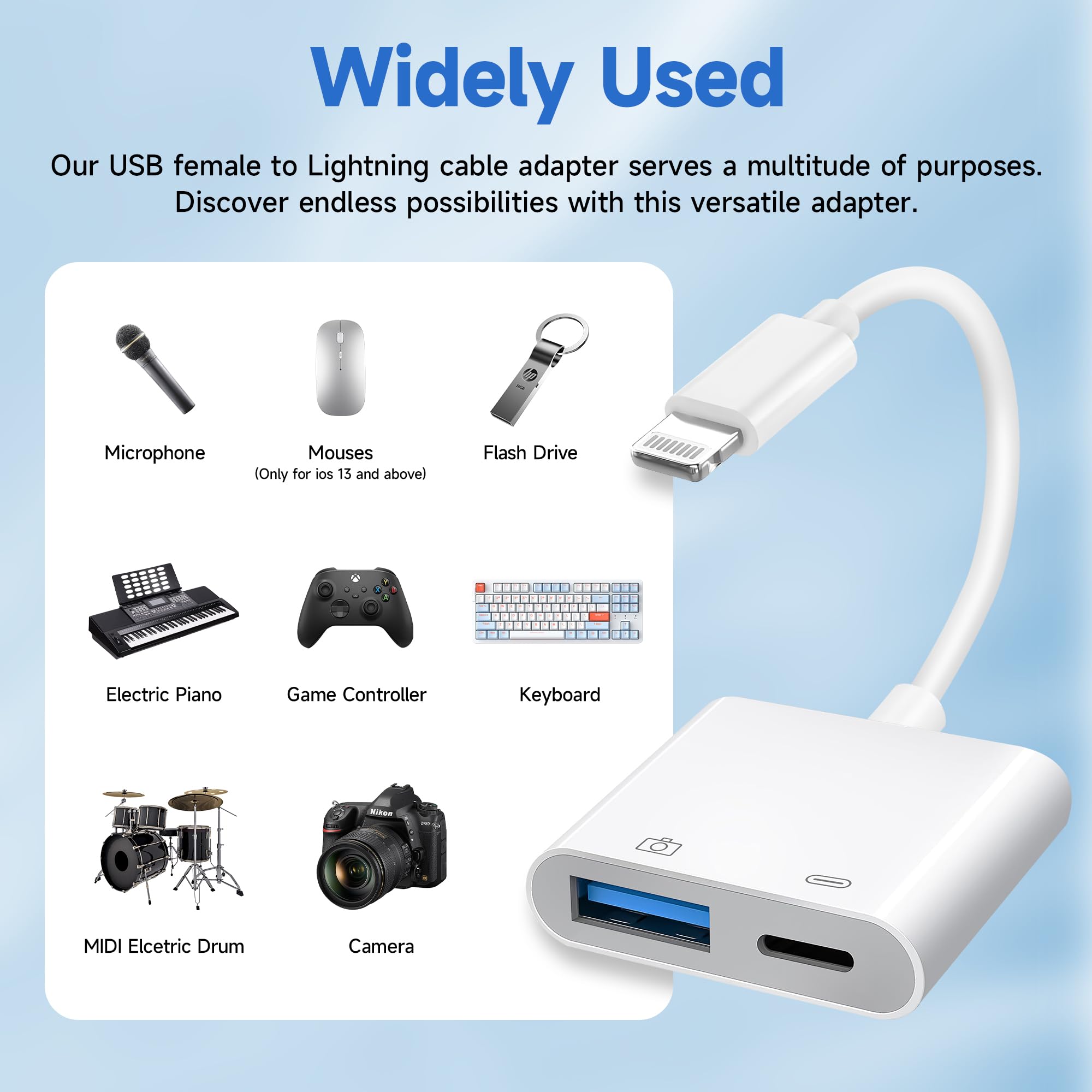 [Apple MFi Certified] Lightning to USB Camera Adapter with Charging Port, Portable USB3.0 Female OTG Cable Adapter for Select iPhone, iPad Models, Support Card Reader, USB Flash Drive, Keyboard, Mice
