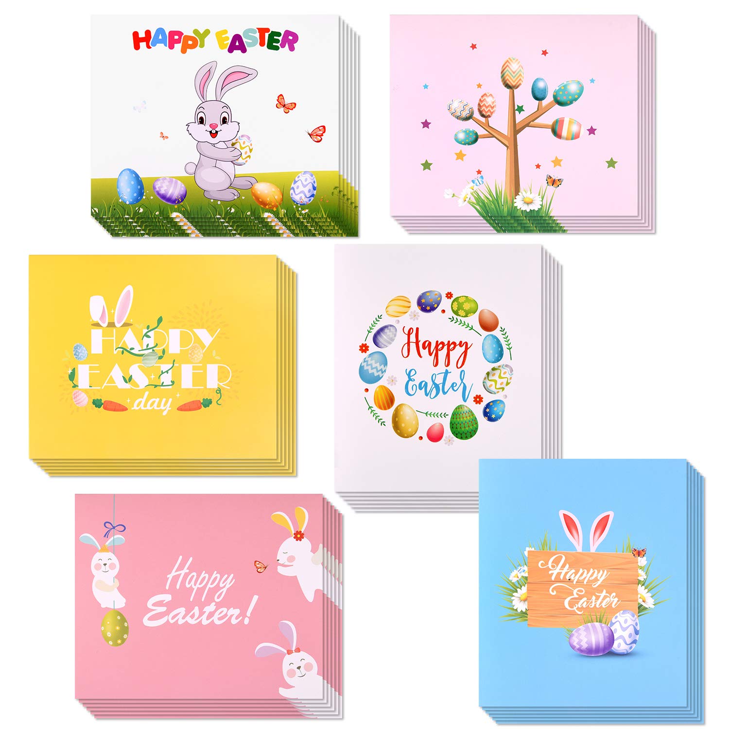 TUPARKA 36 Pcs Happy Easter Cards Easter Bunny Easter Egg Easter Rabbit Design Easter Greeting Cards with 36 Envelopes and Sticker for Kids