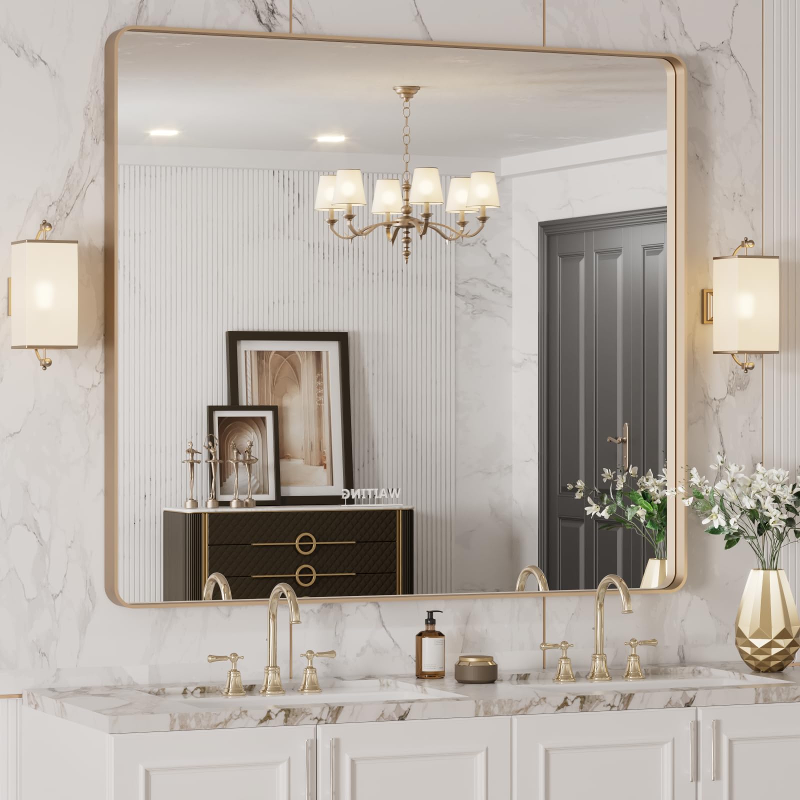 Photo 1 of LOAAO 40”X36” Gold Bathroom Mirror, Rounded Rectangle Gold Frame Mirror, Brushed Gold Bathroom Vanity Mirror Wall-Mounted, Anti-Rust, Tempered Glass, Hangs Horizontally or Vertically