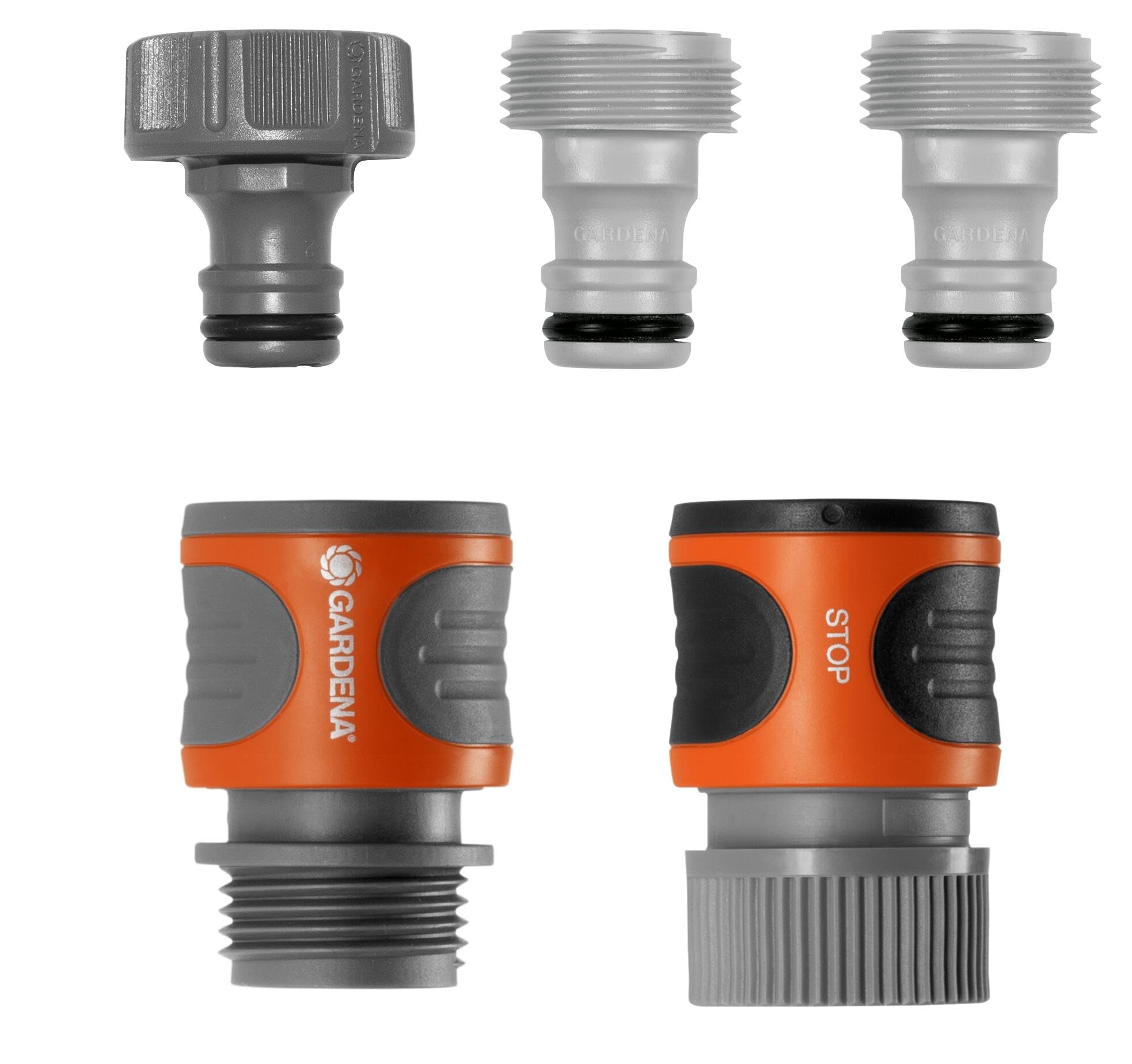 Photo 1 of GARDENA (18270-81) 5-Piece Quick Connect Hose Fittings: Garden Hose Quick Connect Kit for 5/8 Inch or 1/2 Inch Hose - Quickly Connect Garden Hoses, Sprinklers, Spray Nozzles, and Accessories.