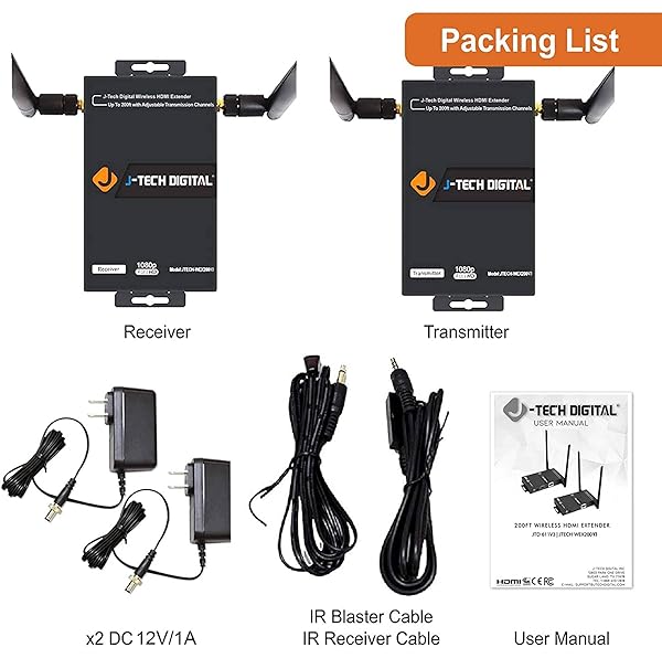 J-TECH DIGITAL 1X2 WIRELESS HDMI EXTENDER 200’ DUAL ANTENNA SUPPORTING FULL HD 1080P WITH HDMI LOOP OUTPUT OPERATION CHANNEL CHANGE IR PASSTHROUGH (RECEIVER + TRANSMITTER 1080P 200FT)