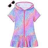 Hiiraggle Girls Swim Cover Up Terry Swimsuit Coverup Kids Zip-Up Beach Pool Bathing Suit Wraps with Sunglasses