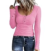 KINLONSAIR Women’s Long Sleeve Henley T Shirts Button Down Slim Fit Tops Scoop Neck Ribbed Knit Shirts