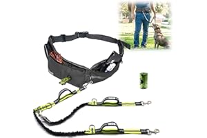 TAKSIN The Ultimate Hands Free Two Dogs Double Leash System for Walking Running Hiking Training, Reflective Bungee Leash, Treat Holder, Poop Bag Dispenser for Small Medium Large Dogs (Grey Pack)