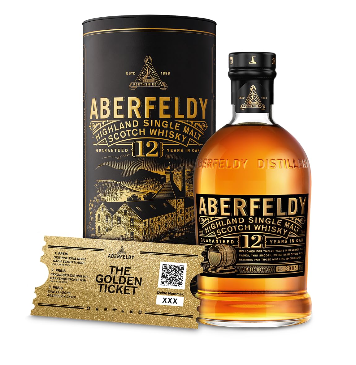 Aberfeldy 12 Jahre Highland Scotch Single Malt Whisky, 40% Vol., 700 ml, inkl. Golden Ticket, in edler Geschenkbox. Eichenfass gereift mit Noten von Honig, Früchten, Gewürzen & einem Hauch Rauch