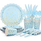 LOOWVY Blue and Gold Party Decorations 175PCS Light Blue Paper Plates and Napkins and Cups With Blue Plastic Forks Knives Spoons for Wedding Birthday Party Baby Shower Decorations Boy