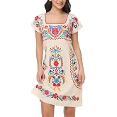 Womens Mexican Embroidered Dress Floral Short Sleeve Boho Mini Dress | Square Neck, Loose Shift Fit, Summer Beach Outfit, Fiesta Party Wear, Casual Sundress for Vacation