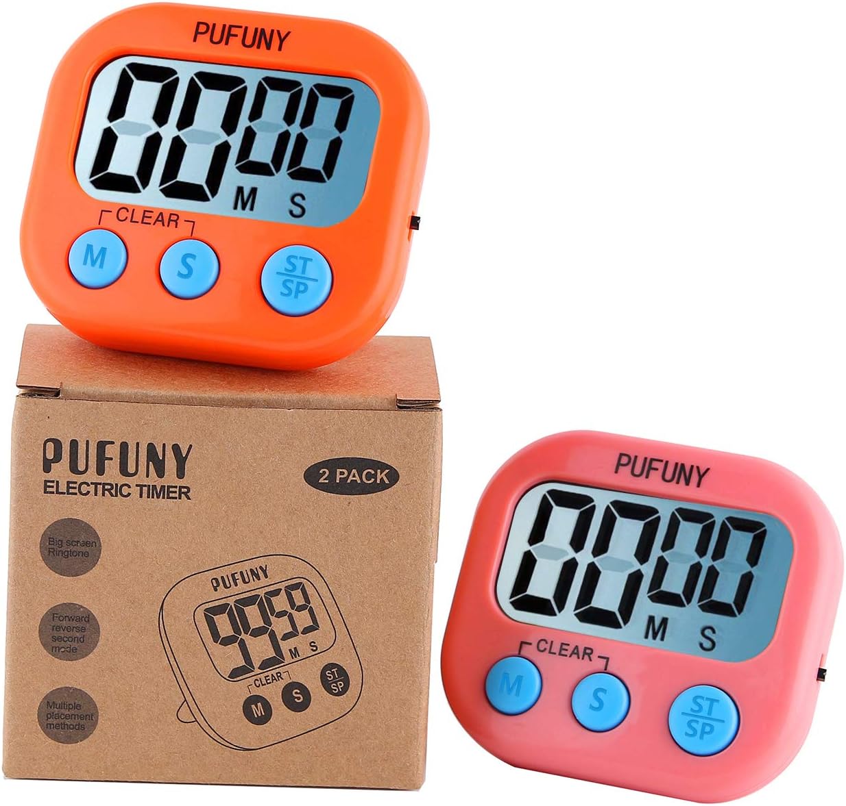 PUFUNY Digital Kitchen Timer,Cooking Timer,Large Display,Strong Magnet Back,Loud Alarm,Stand,for Cooking Baking Sports Games Office,User Guide Included,2 Pack(Pink and Orange)