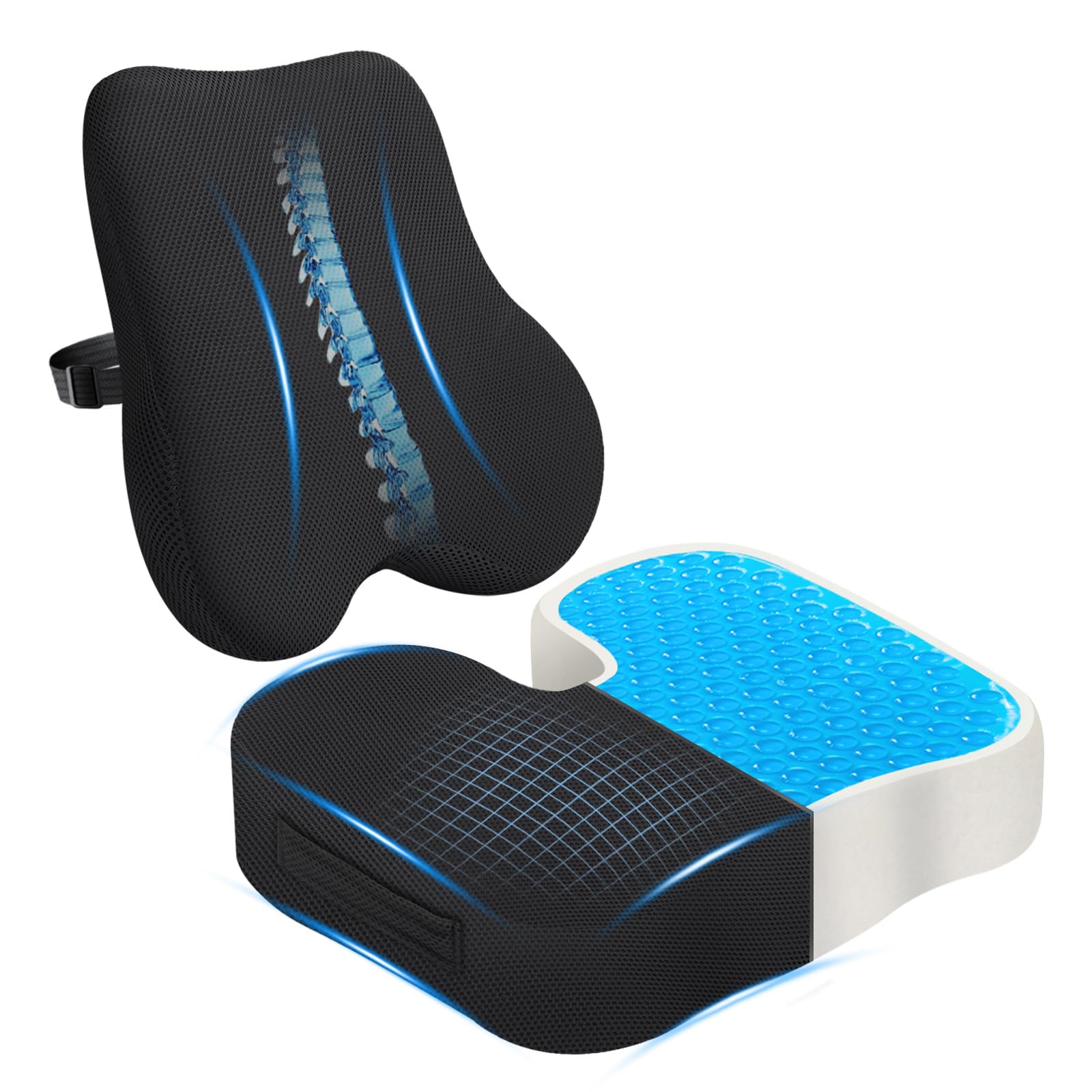 Photo 1 of Gel-Infused Seat Cushion & Memory Foam Lumbar Pillow Set,Non-Slip Bottom?Breathable Mesh Cover?Portable Handle - Hemorrhoid Pillow for Office Chair Cushion, Car Seat Cushion and Wheelchair?Black