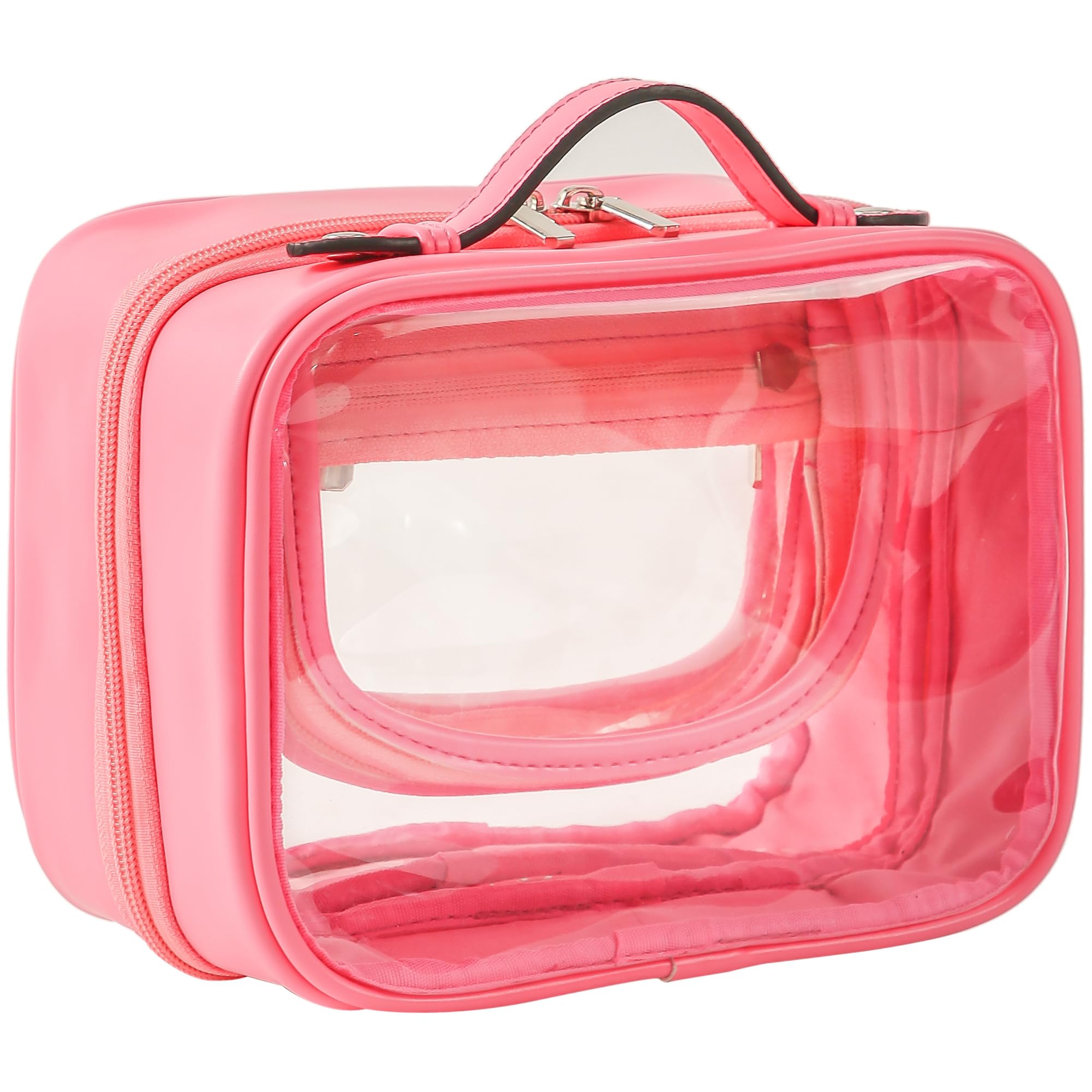 Veki Transparent Makeup Bag Double Travel Cosmetic Bags Case Waterproof Toiletries Bag Large Capacity Open Storage Bag Organizer for Women and Girls (Small Rose Red)