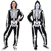 Wegitcs Halloween Skeleton Costumes Women, Double Sided Print Skeleton Onesie Adult with Hood Zipper, Halloween Jumpsuit for Cosplay Party, XX-Large