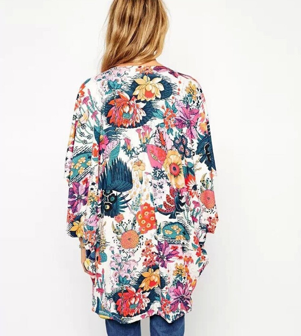 Relipop Women's Sheer Chiffon Blouse Loose Tops Kimono Floral Print Cardigan - Image 3