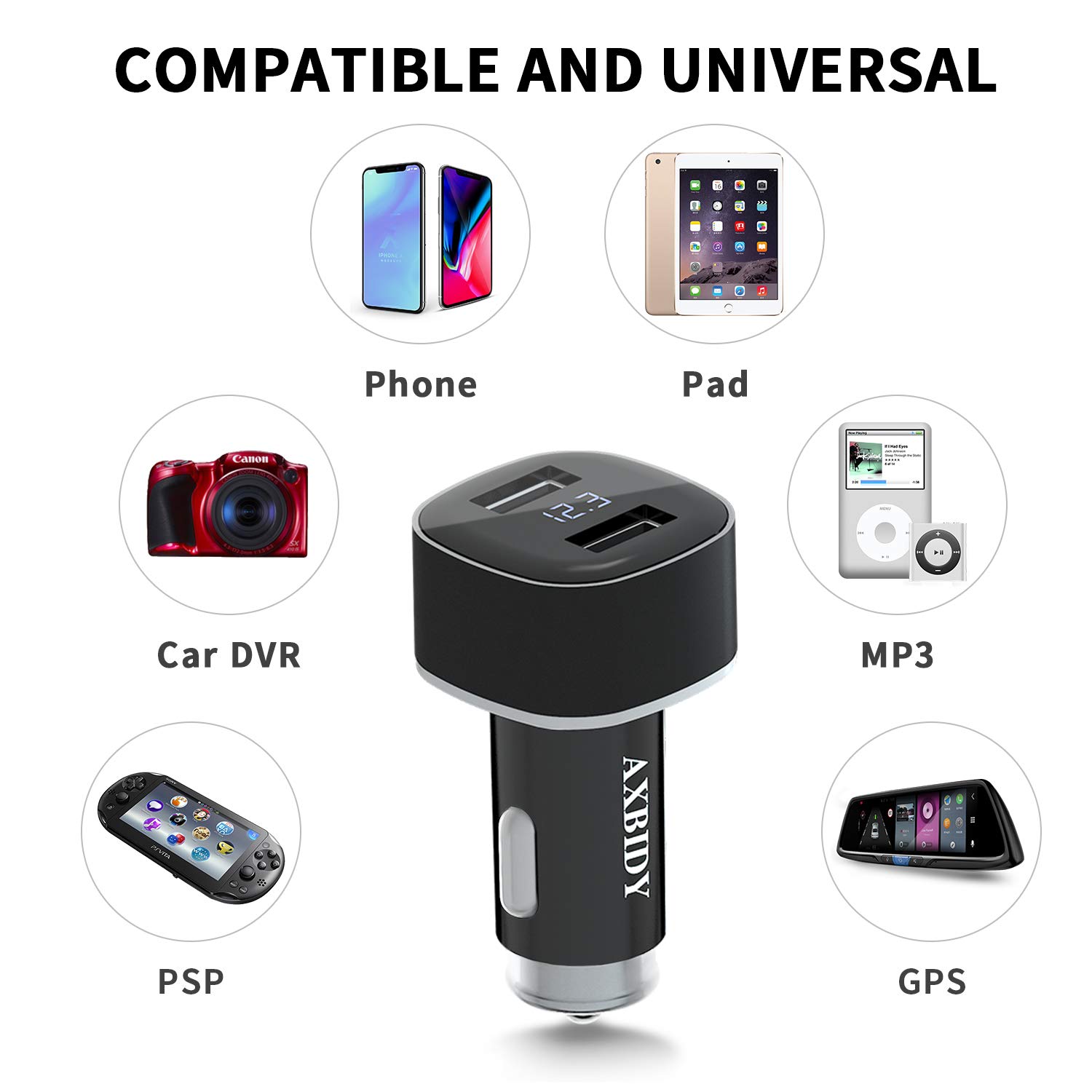 Fast Car Charge,AXBIDY 24W Dual Smart USB Car Charge Adapter with LED Display Car Voltage Detector for Smart Phone and Galaxy S9, S8, S7, S6, Edge, Note8(Black)