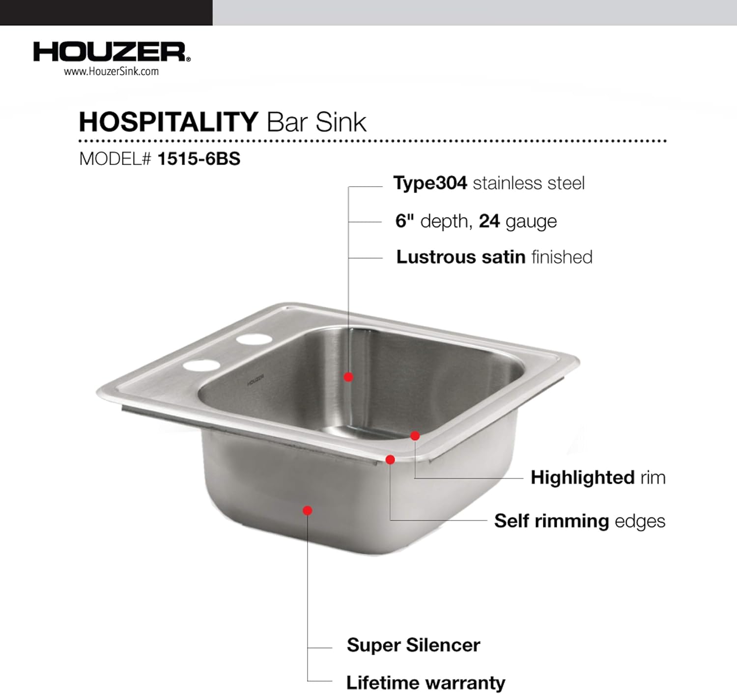 Houzer 1515-6BS-1 Hospitality Series Topmount Stainless Steel 2-Holes Bar/Prep Sink - Sink Strainers - 