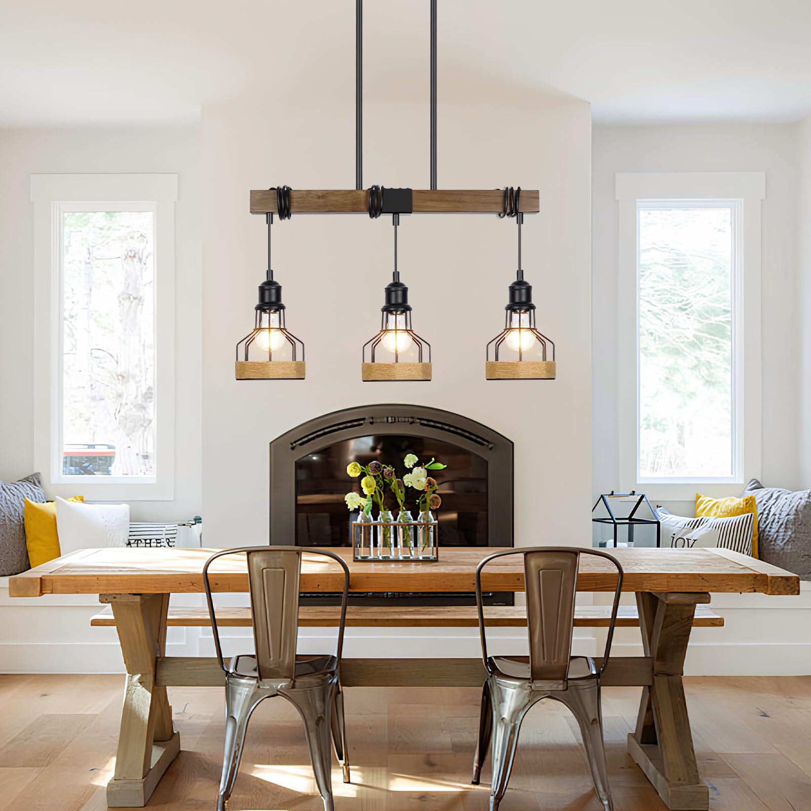 Photo 1 of 3-Light Dining Room Light Fixture Over Table Chandelier Rustic, Solid Wood Kitchen Island Lighting Fixture Ceiling Linear Dining Ceiling Mount Lamp Modern Metal Lampshade Dining Pendant Light