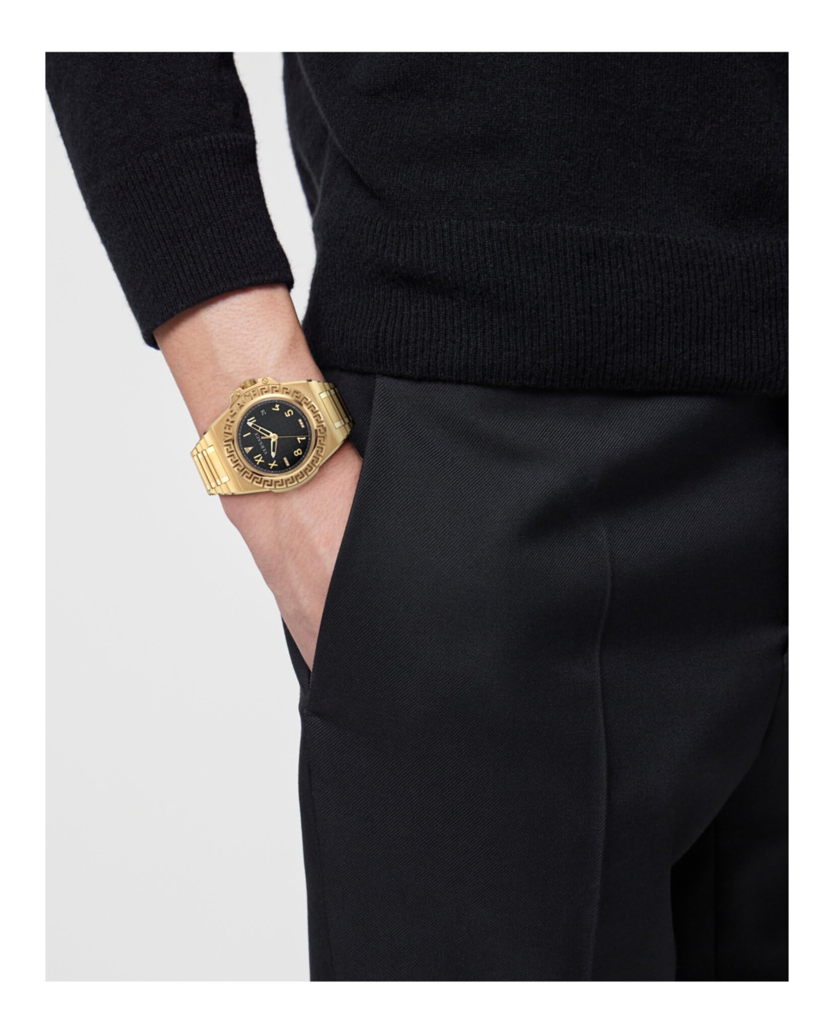 Versace Greca Reaction Collection Luxury Mens Watch Timepieces with a Gold Bracelet and Case Featuring a Black Dial