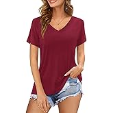 Amoretu Womens Tshirts V Neck Short Sleeve Tops Tee Solid Color Blouse