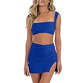 CSDAJIO Summer 2 Piece Outfits for Women Sleeveless Square Neck Crop Top Ruched Strappy Tank and Bodycon Mini Skirt