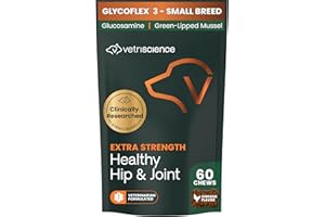 VetriScience Extra Strength Healthy Hip & Joint Chews, GlycoFlex Glucosamine and Green-Lipped Mussel Joint Support Supplement for Small Breed Dogs, Soothe Joint Discomfort, Chicken, 60 Count