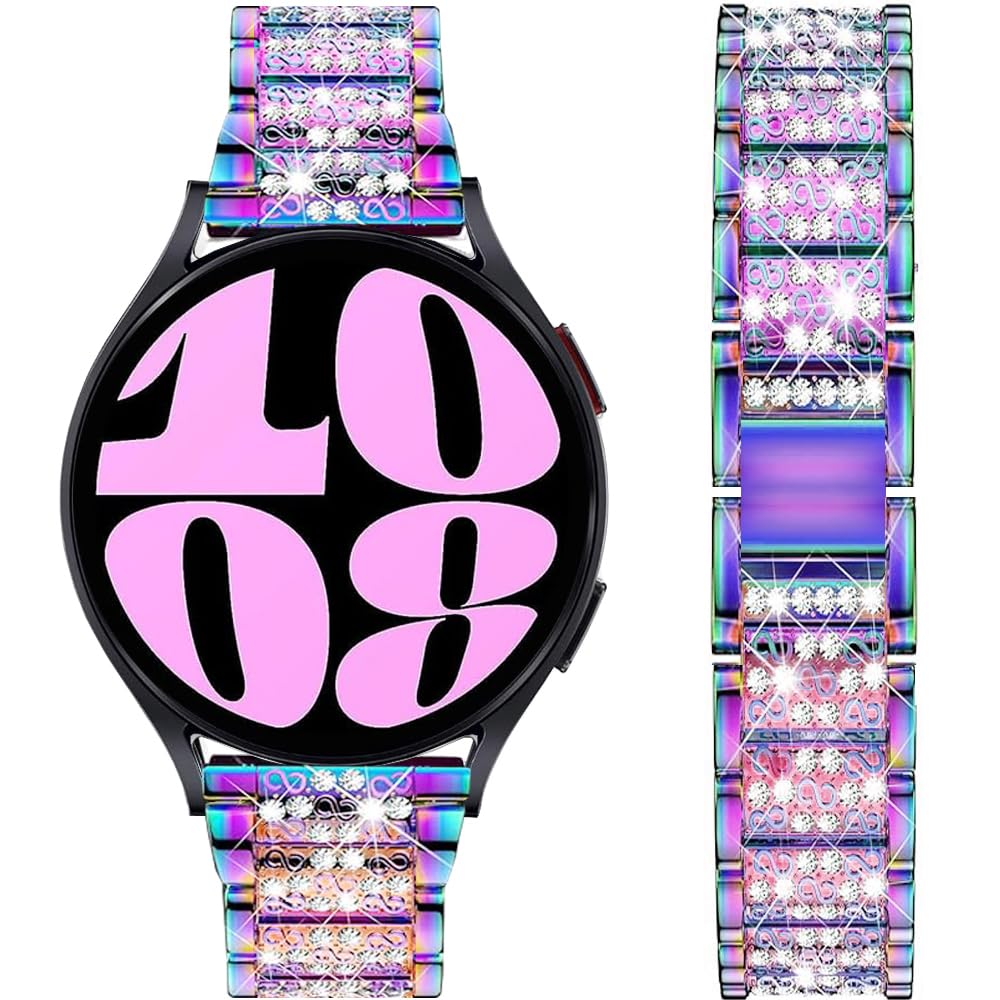 DEALELE Strap Compatible with Samsung Galaxy Watch 7 / FE / 6/5 / 4 / Classic / 3 41mm / Active 2 40mm / 44mm, 20mm Bling Diamond Metal Replacement Bracelet for Huawei GT3 42mm Women Men, Rainbow