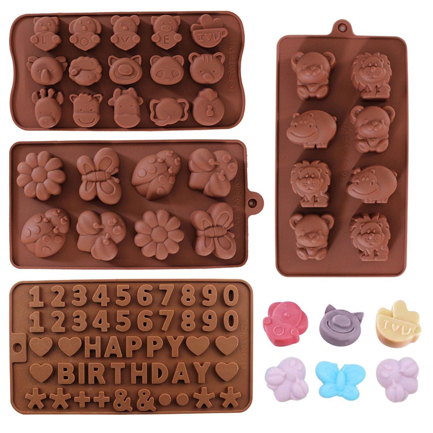 EOWVISN 4 Pieces Chocolate Molds, Gummy Bear Molds, Sugar Cube Cookie Molds, Non-Stick Silicone Molds, DIY Kitchen Baking Molds, Animal Shaped Ice Cube Trays, Silicone Ice Trays